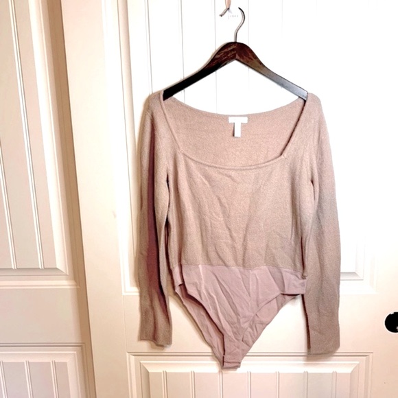 Leith Square Neck Long Sleeve Knit Taupe Bodysuit size Large - taupe / pink - Picture 2 of 10